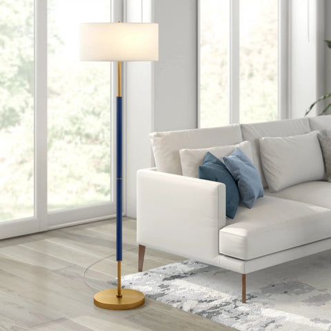 Two Light Floor Lamp With Fabric Drum Shade In Blue Brass White, 61 Inch Tall Standing Lamp for Living Room Office or Bedroom