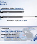 Rear Hatch Shocks And Lift Gate Struts Set For Jeep Cherokee 1997 To 2001 Base Classic Country Limited SE Sport Direct Fit Gas Springs Trunk Supports Pack Of 2 Compatible With 4291 SG214022, showing compressed and extended lengths with blue car background.