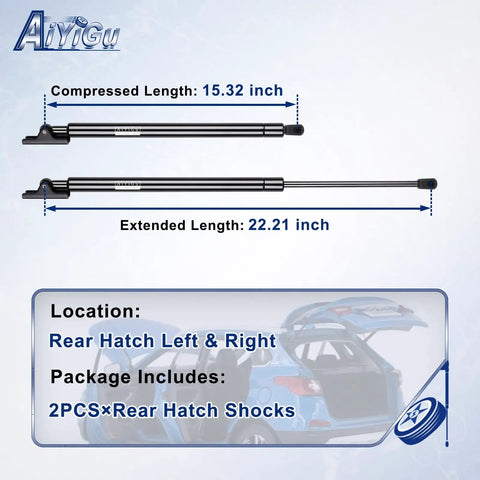 Rear Hatch Shocks And Lift Gate Struts Set For Jeep Cherokee 1997 To 2001 Base Classic Country Limited SE Sport Direct Fit Gas Springs Trunk Supports Pack Of 2 Compatible With 4291 SG214022, showing compressed and extended lengths with blue car background.