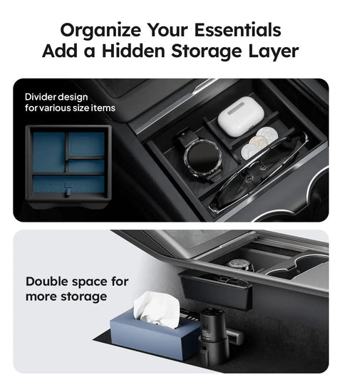 Center Console Organizer For Tesla Model Y Juniper Premium And Performance 2025 2026 And Model 3 Highland 2024 2025 2026 with double storage