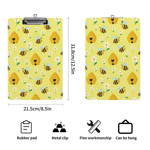 Honey Bee Print Sturdy Acrylic Clipboard For A4 Papers, Clear Desk Organizer With Smooth Writing Surface, Real Deal Heavy Duty See Through Clipboard For School, Office, Or Home, Fits US Letter And A4, 21.5 x 31.8 cm