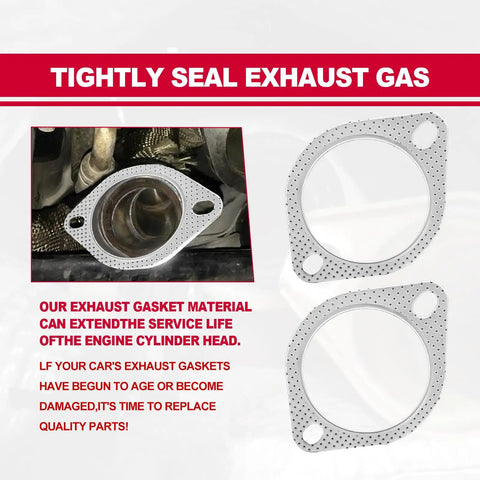 2 Pack Heavy Duty Exhaust Manifold Gasket 3 Inch 2 Bolt Flange Replacement Universal Fit, showing high heat resistant material.