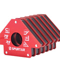 Spurtar welding magnets, 75 lb capacity, six red magnetic clamps with 45/90/135 degree angles.