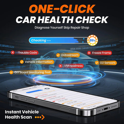 Enhanced Bluetooth OBD2 Scanner With 2 In 1 Car Engine Fault Code Reader for iPhone showing car health check scan results.