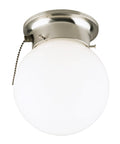 One Light Flush Mount Ceiling Fixture With Pull Chain, Brushed Nickel Finish And White Glass Globe For Interior Lighting