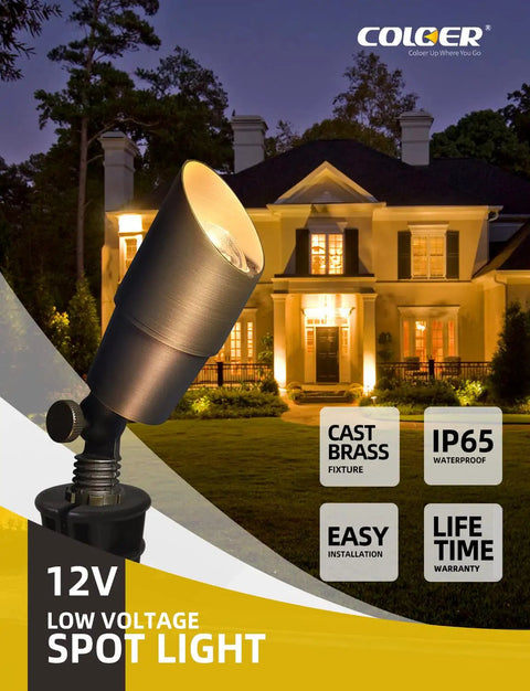 Brass Landscape Spotlights 6 Pack For Outdoor Uplights With 5W MR16 LED 2700K Warm Glow on display illuminating a house façade.