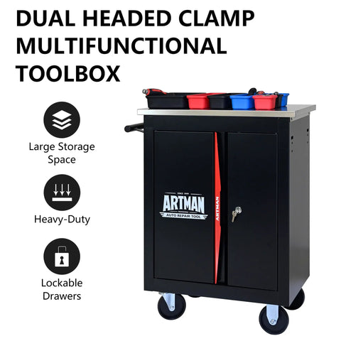 Rolling Tool Cart With Double Doors Lockable Partition And Stainless Steel Top For Garage Workshop And Warehouse Storage