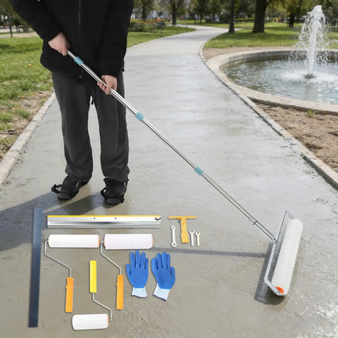 Person using Self Leveling Epoxy Floor Kit For DIY And Commercial Refinishing With 20 Inch And 9 Inch Defoaming Rollers outdoors