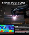 iControl CUT55 Pro Plasma Cutter With App Control demonstrating Smart Post-Flow on metal with visual heat comparison.
