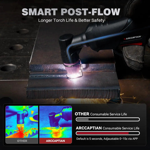 iControl CUT55 Pro Plasma Cutter With App Control demonstrating Smart Post-Flow on metal with visual heat comparison.