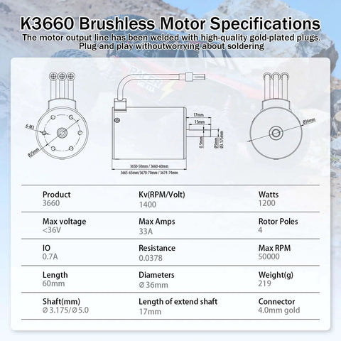 Specifications for Beefy 4-Pole 1400KV Brushless Motor With 3.175mm Shaft Waterproof Sensorless High Speed Upgrade