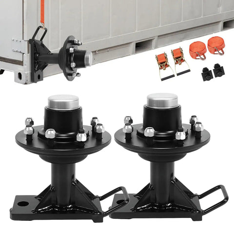 Built Tough Rock Solid 8x6.5 Lug Shipping Container Wheels With Dead Nuts Secure Ratchet Tie Down Kit on display.