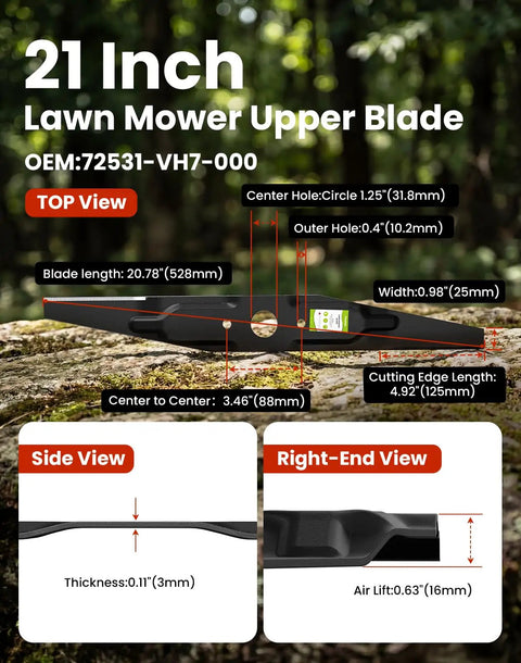 Lawn Mower Blades For Honda HRR216 HRX217 Walk-Behind Mowers Twin High Lift Mulching Blade Set 21 Inch side and end view