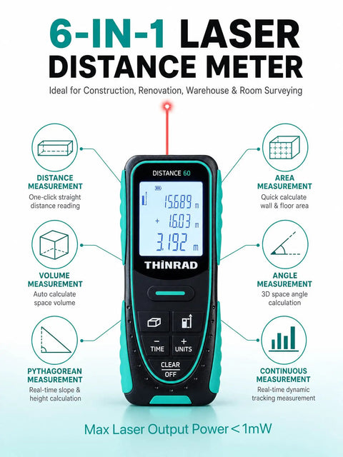 Dead On Accurate Six In One Laser Distance Meter Sixty Foot Range Class 2 Safe Beam with distance, area, and volume measurement features.