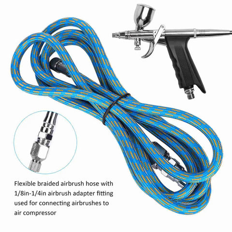 Flexible Nylon Braided Airbrush Air Hose Kit 6 Feet Long With Kink Resistant Build And 1/8 To 1/4 Inch Quick Connects, blue braided hose for airbrush.