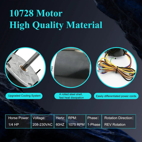 10728 condenser motor replacement; three views: front shaft, steel shell, wiring harness; 1/4 HP, 208–230V, 1075 RPM.
