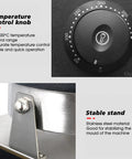 Temperature control knob and stable stainless steel stand of the 1300W Electric Panini Press for precise grilling.
