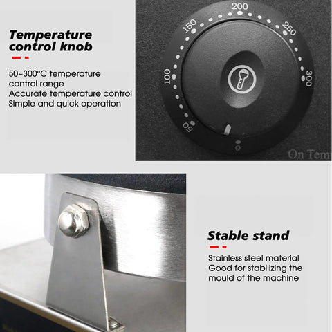 Temperature control knob and stable stainless steel stand of the 1300W Electric Panini Press for precise grilling.