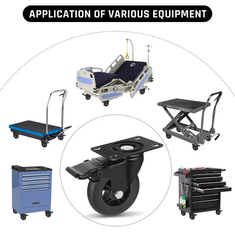 Heavy Duty 4 Inch Locking Swivel Caster Wheels Set Of Four Solid Rubber Furniture Cart Casters Loaded Up Without Breaking A Sweat Roll Like Butter 2200 Lbs Max Payload on hospital bed and tool carts.