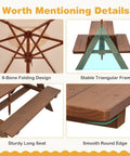 Outdoor Wooden Kids Picnic Table With Removable Umbrella Foldable Bench Set For Backyards And Patios Toddler Friendly Outdoor Furniture In Walnut, featuring folding design and durable frame details.