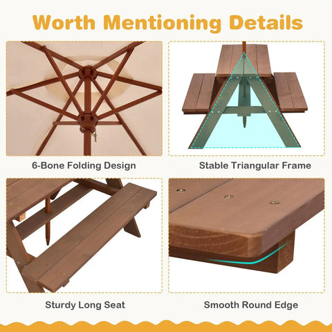 Outdoor Wooden Kids Picnic Table With Removable Umbrella Foldable Bench Set For Backyards And Patios Toddler Friendly Outdoor Furniture In Walnut, featuring folding design and durable frame details.