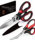 Workhorse Heavy Duty Kitchen Shears Set Of 2 With Seafood Scissors Stainless Steel Sharp Food Cutting Scissors For Meat Bones Fish Poultry Vegetables And Dishwasher Safe, red-black handles with cover
