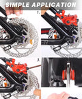 Illustration showing 4 Pack Bike Disc Brake Pad Replacement Kit With Rotor Alignment Tool And 304 Stainless Steel Spacer Fits All MTB Road BMX Bikes For Easy Gap Regulation And Precise Braking Must Have installation steps on a bicycle.