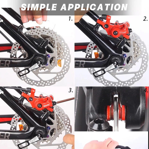 Illustration showing 4 Pack Bike Disc Brake Pad Replacement Kit With Rotor Alignment Tool And 304 Stainless Steel Spacer Fits All MTB Road BMX Bikes For Easy Gap Regulation And Precise Braking Must Have installation steps on a bicycle.