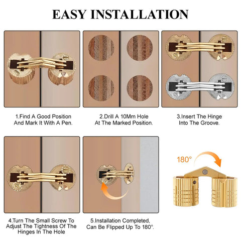 12 Pack 10mm Hidden Brass Barrel Hinges Kit With 10mm Drill Bit For Cabinet Doors And Furniture Projects easy installation steps