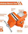 Heavy Duty 5 Inch Bench Vise With Swivel Base And Anvil, Multi Jaw Clamp For Woodworking And Pipe in orange iron with labels