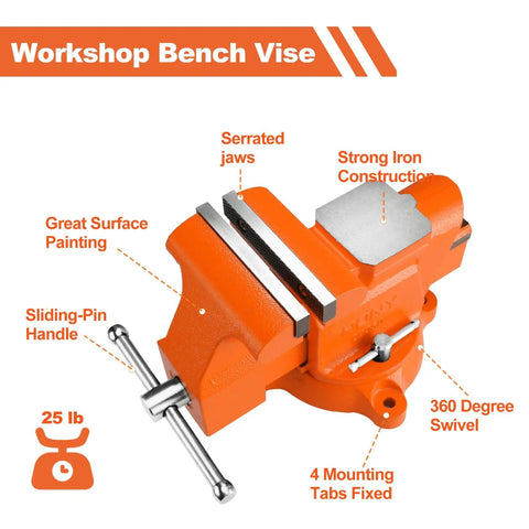 Heavy Duty 5 Inch Bench Vise With Swivel Base And Anvil, Multi Jaw Clamp For Woodworking And Pipe in orange iron with labels