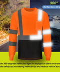 Six Pack High Visibility Long Sleeve Safety T Shirts For Work Men XL Fluorescent Orange With 2 Inch Reflective Strips shown at night