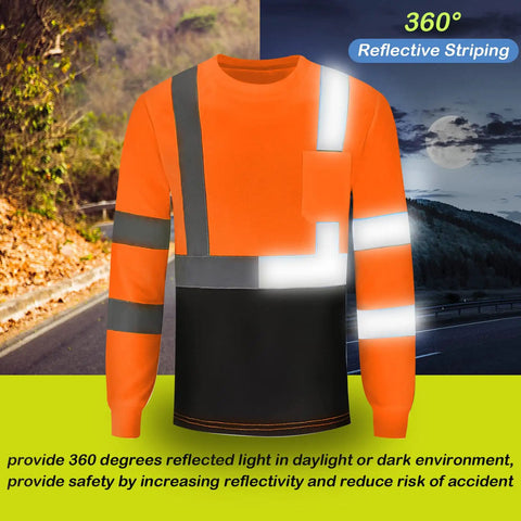 Six Pack High Visibility Long Sleeve Safety T Shirts For Work Men XL Fluorescent Orange With 2 Inch Reflective Strips shown at night