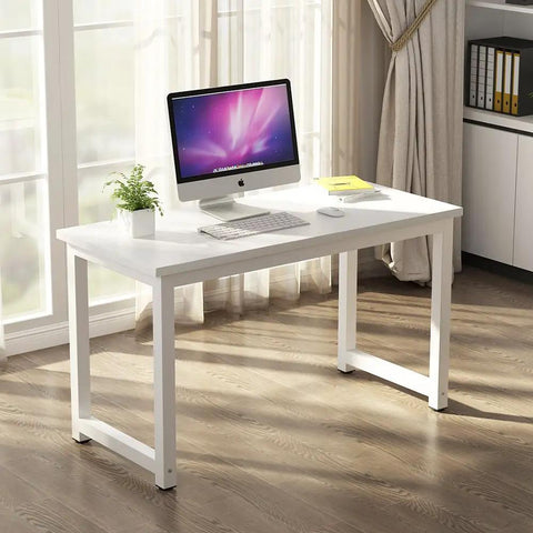 Modern 47 Inch White Computer Desk For Home Office With Wide 24 Inch Desktop And Stable Metal Legs With Adjustable Floor Pads Built For Your Setup And Great For Computer Monitor Printer Writing And Study