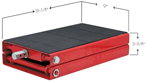 Beefy Wide Motorcycle Scissors Jack with 14 Inch Lift, 1000 Lb Capacity, side view, red heavy duty steel frame with rubber platform pad