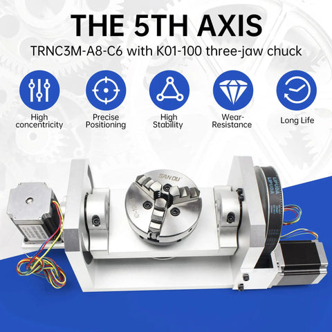 Rock Solid Cnc 5 Axis Rotary Table With 100mm Three Jaw Chuck And Hella Precise Indexing Head For Engraving And Milling, Nema23 Motor Driven A B C Axis Control, Smooth As Silk With Durable Aluminum Build - TRNC3M-A8-C6 with K01-100 three-jaw chuck.