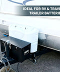 Built Tough Stainless Steel Battery Box For Group 24 And 27 Batteries Lockable 12V Power Relocation Kit displayed on RV trailer tongue.