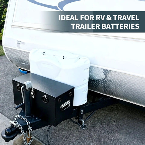 Built Tough Stainless Steel Battery Box For Group 24 And 27 Batteries Lockable 12V Power Relocation Kit displayed on RV trailer tongue.