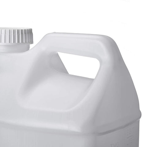 Two Pack Two And A Half Gallon Hedpak Liquid Storage Containers With Cap Food Grade HDPE Plastic Natural Color Heavy Duty Cap With Foam Liner Tight Seal For Shipping And Storing Liquids, close-up handle and cap