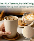Close-up of Eco Friendly Wheat Straw Cups Set Unbreakable Drinking Glasses with matte texture and latte on table.