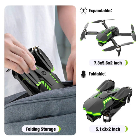 1080P FPV Camera Drone For Beginners With Foldable Quad Copter Design shown folded and expanded with storage illustration
