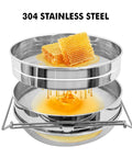 Stainless Steel Honey Strainer With Double Sieve Filter For 5 Gallon Buckets Beekeeping Tools Durable 304 Stainless Steel Crystal Clear Honey Two Stage Filtration Easy Clean showing honeycomb and drip
