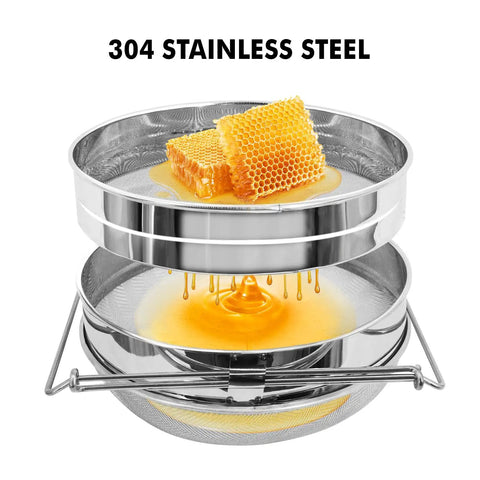 Stainless Steel Honey Strainer With Double Sieve Filter For 5 Gallon Buckets Beekeeping Tools Durable 304 Stainless Steel Crystal Clear Honey Two Stage Filtration Easy Clean showing honeycomb and drip