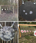 Five Pack AR500 Steel Gong Targets Set for range training shown in outdoor DIY setup with mixed diameter targets
