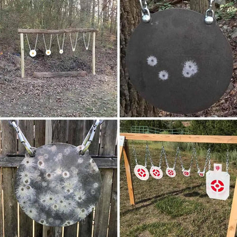 Five Pack AR500 Steel Gong Targets Set for range training shown in outdoor DIY setup with mixed diameter targets