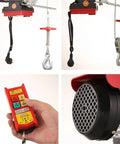 Heavy Duty Electric Lifting Hoist With Wireless Remote Control Supports Up To 400 Kilos and dual mode speed, detail of remote and motor.