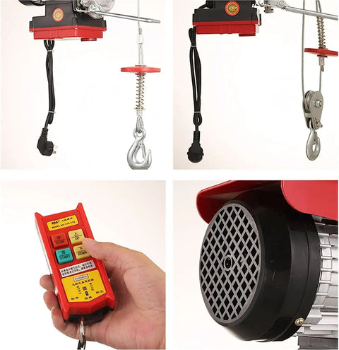 Heavy Duty Electric Lifting Hoist With Wireless Remote Control Supports Up To 400 Kilos and dual mode speed, detail of remote and motor.