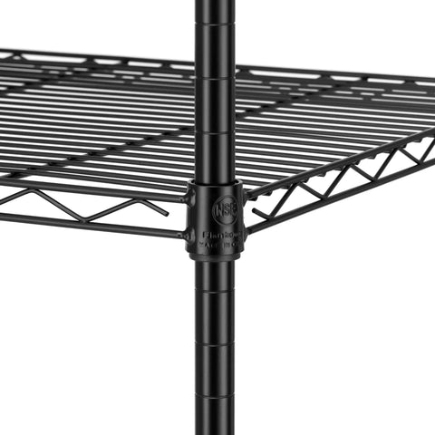 Close-up of Heavy Duty 5 Tier Wire Shelving Unit 18 By 18 By 59 Inches black metal shelf with NSF certification.