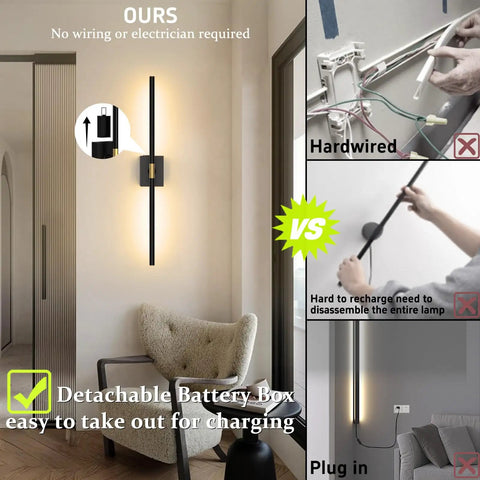 Cordless Battery Wall Sconces Set Of 2 Packed With 10000 Mah Power And Zero Wiring Hassle For Quick Setup And Sleek Matte Black Finish To Level Up Your Home Lighting Vibes mounted on a wall beside a cozy chair.