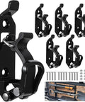 Rugged Metal Rubber Shovel Mount for Roof Rack and Truck Bed Fits Jeep and UTV Offroad Gear, stainless steel brackets, screws, and installed view.